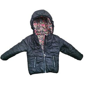 3 Pommes Girls Black Floral Quilted Reversible Puffer Winter Coat